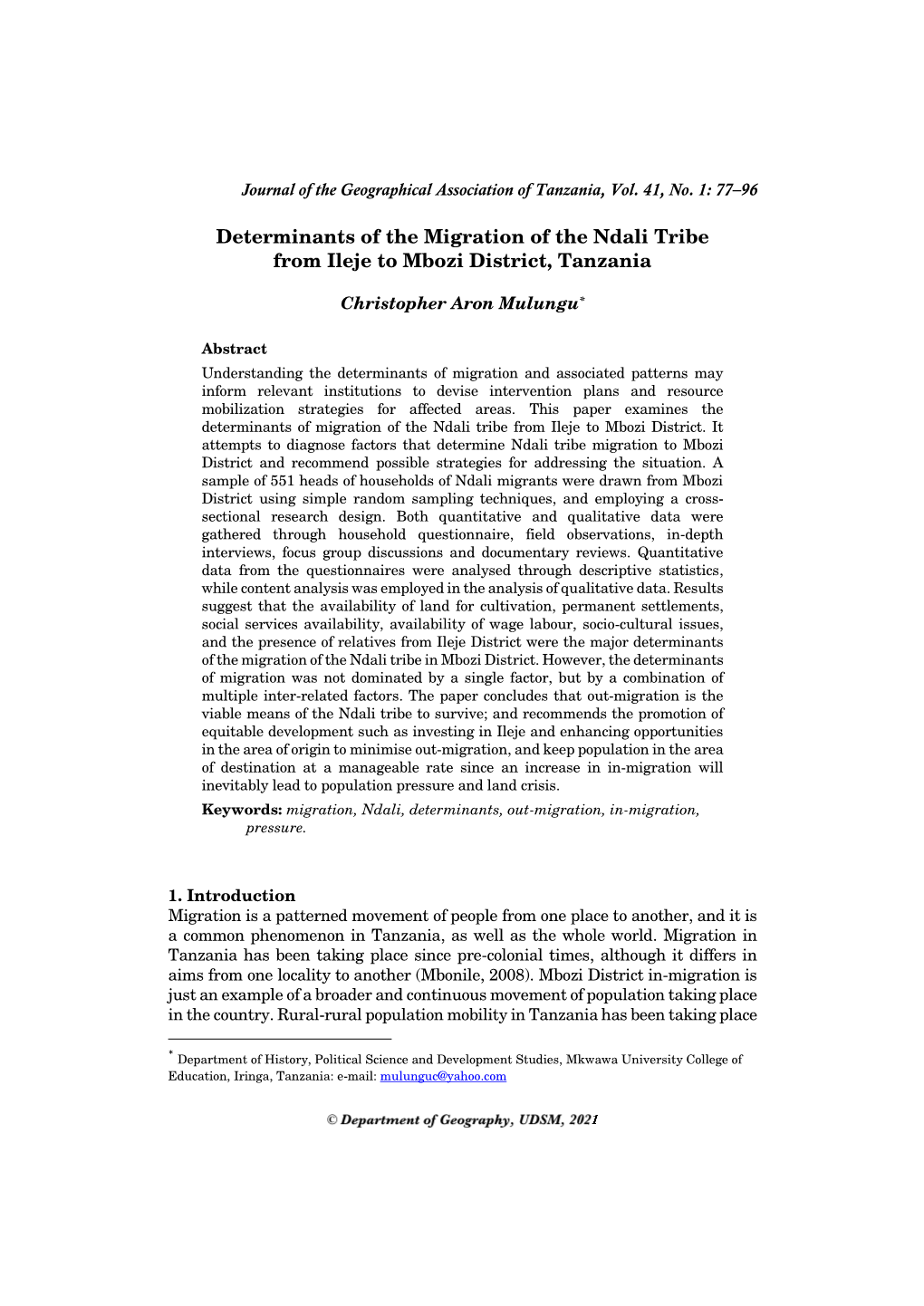 Determinants of the Migration of the Ndali Tribe from Ileje to Mbozi District, Tanzania