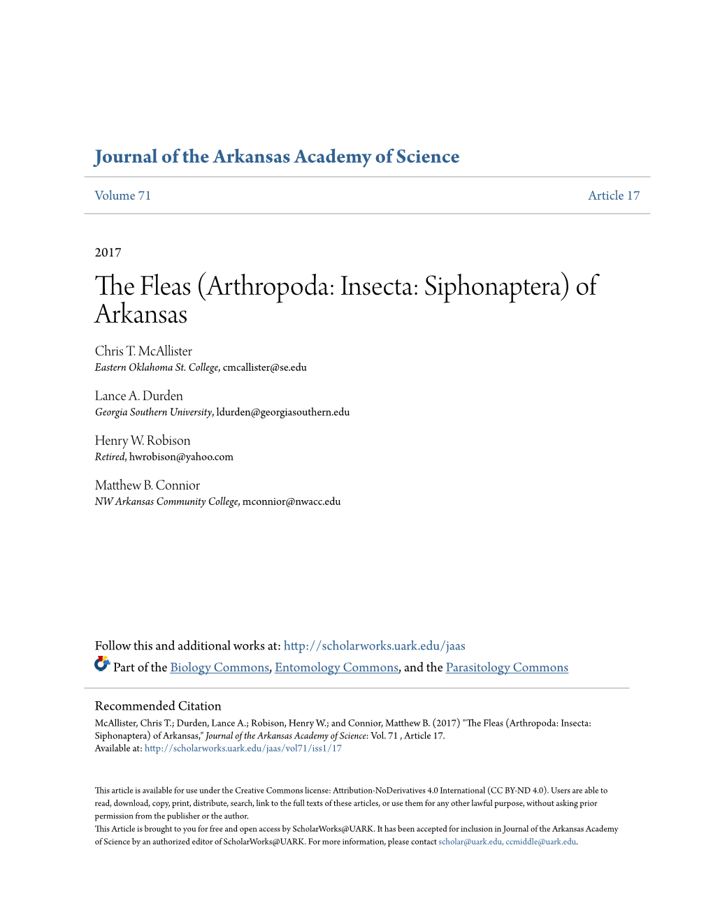 The Fleas (Arthropoda: Insecta: Siphonaptera) of Arkansas," Journal of the Arkansas Academy of Science: Vol