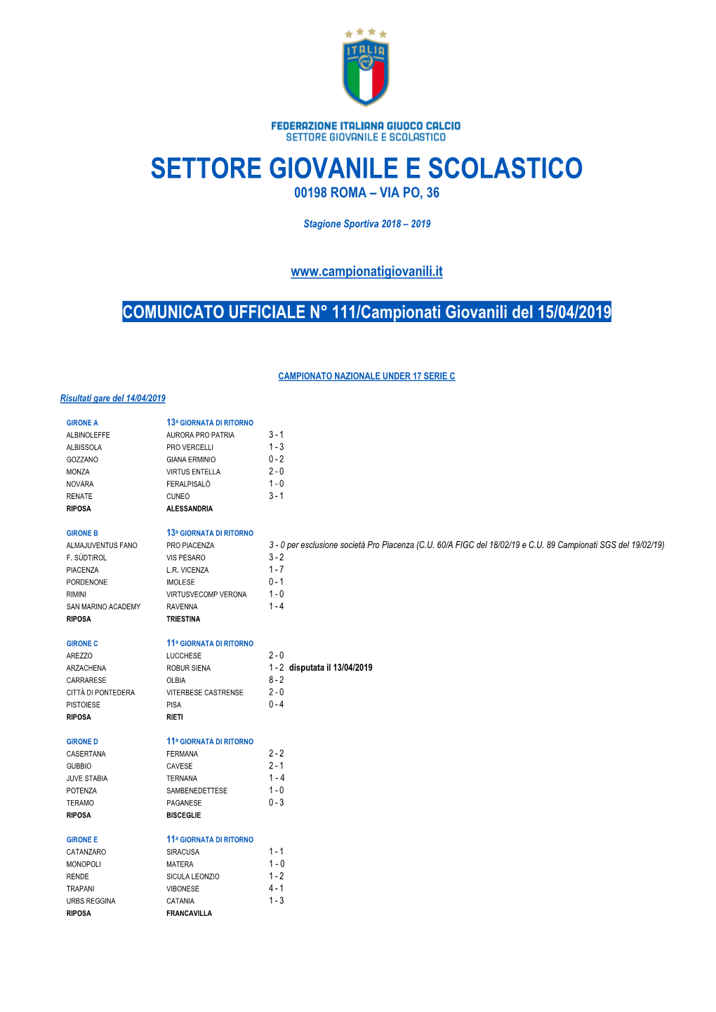 Settore Giovanile E Scolastico 00198 Roma – Via Po, 36