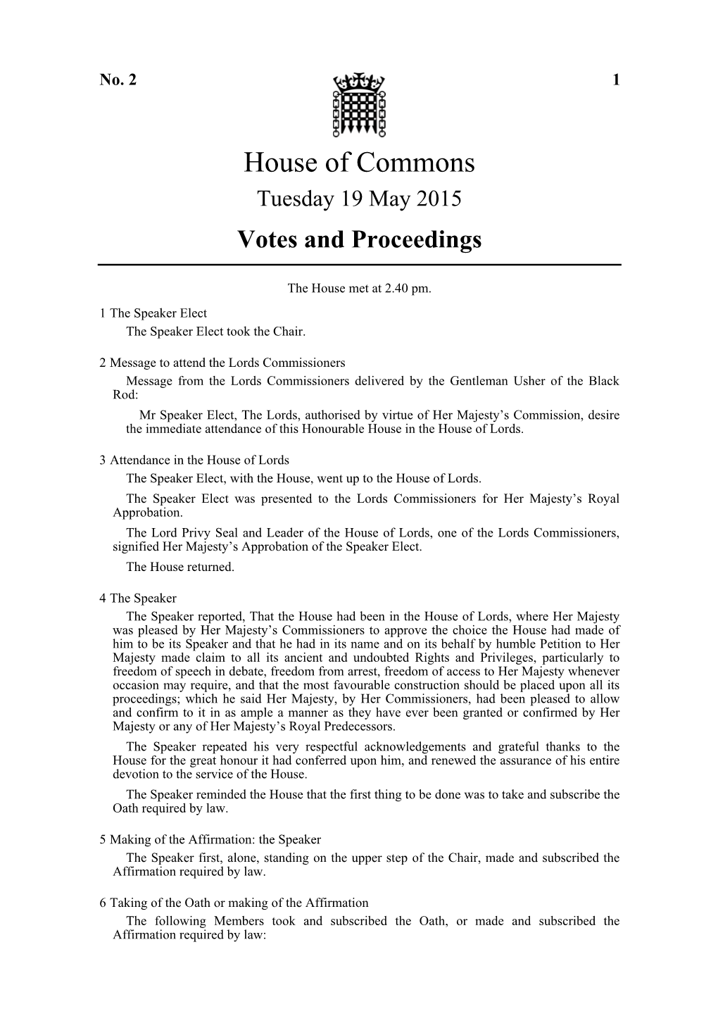 House of Commons Tuesday 19 May 2015 Votes and Proceedings