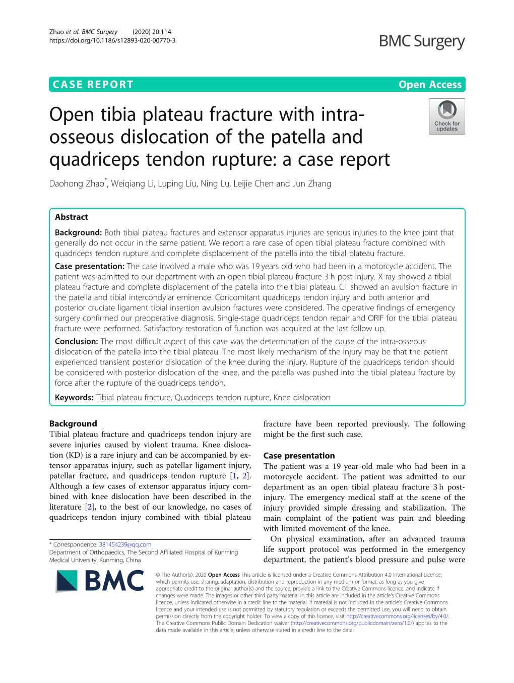 Osseous Dislocation of the Patella and Quadriceps Tendon Rupture: a Case Report Daohong Zhao*, Weiqiang Li, Luping Liu, Ning Lu, Leijie Chen and Jun Zhang