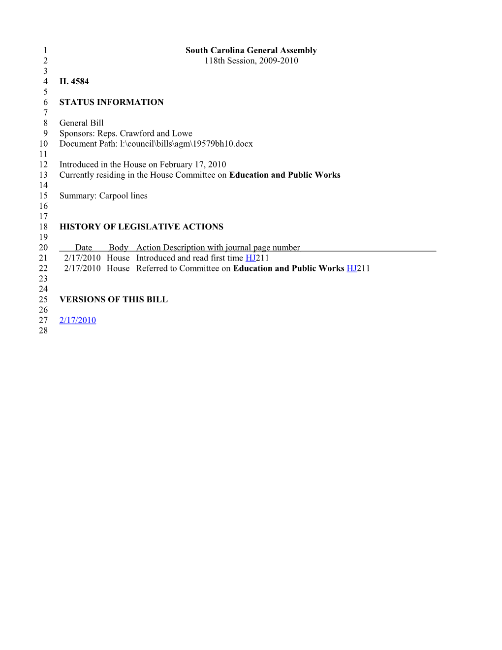 2009-2010 Bill 4584: Carpool Lines - South Carolina Legislature Online