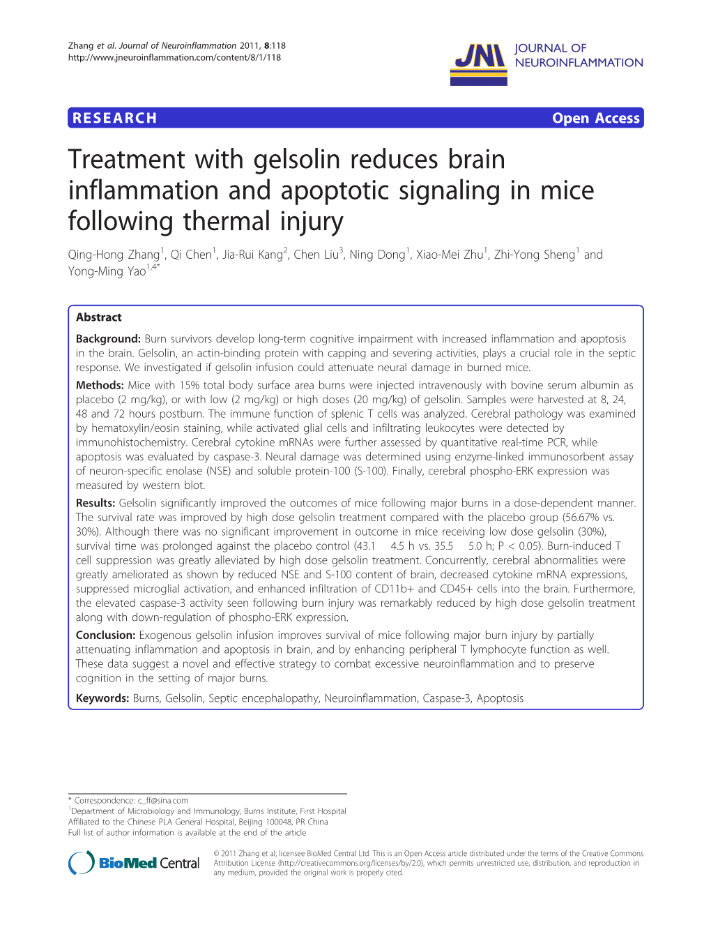 Treatment with Gelsolin Reduces Brain Inflammation and Apoptotic