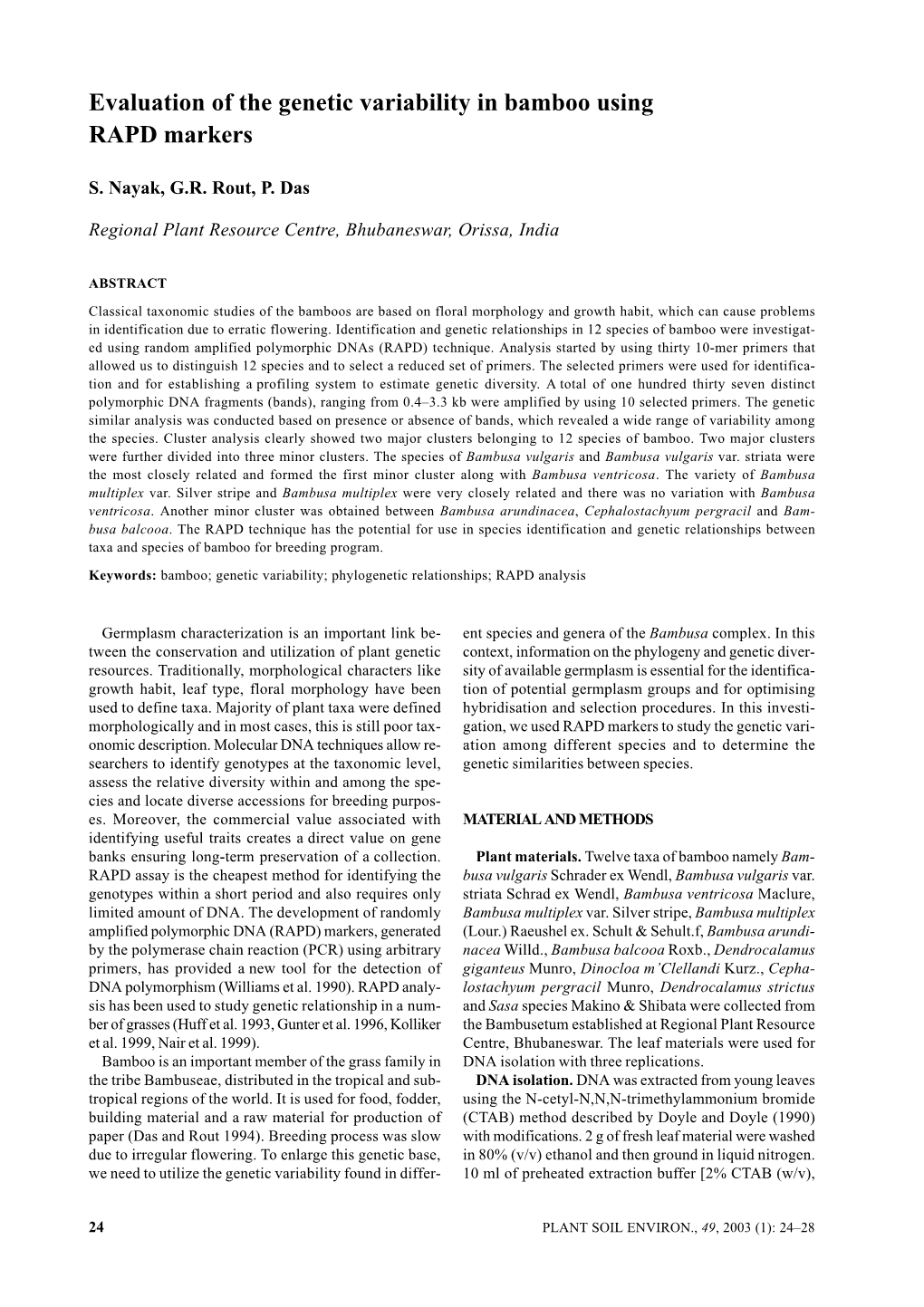 Evaluation of the Genetic Variability in Bamboo Using RAPD Markers