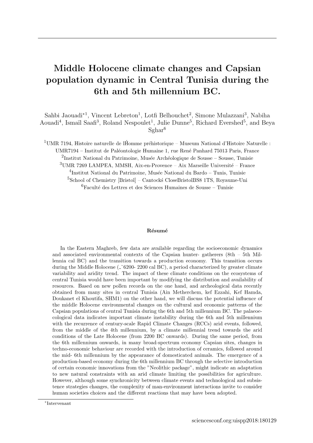 Middle Holocene Climate Changes and Capsian Population Dynamic in Central Tunisia During the 6Th and 5Th Millennium BC