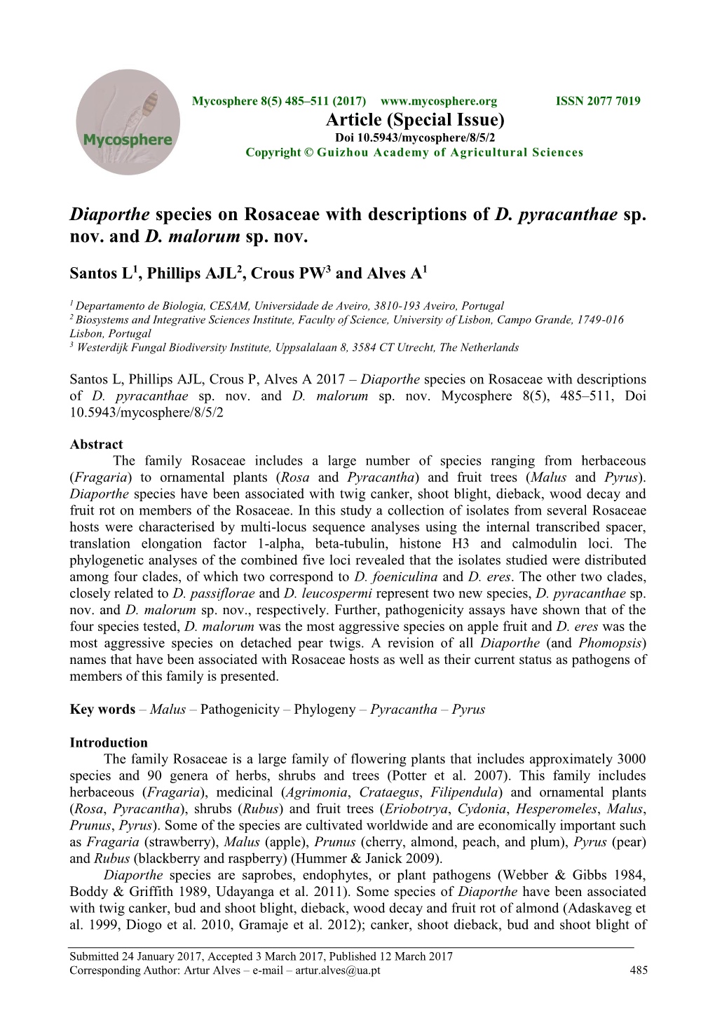 Diaporthe Species on Rosaceae with Descriptions of D. Pyracanthae Sp. Nov. and D. Malorum Sp. Nov. Article