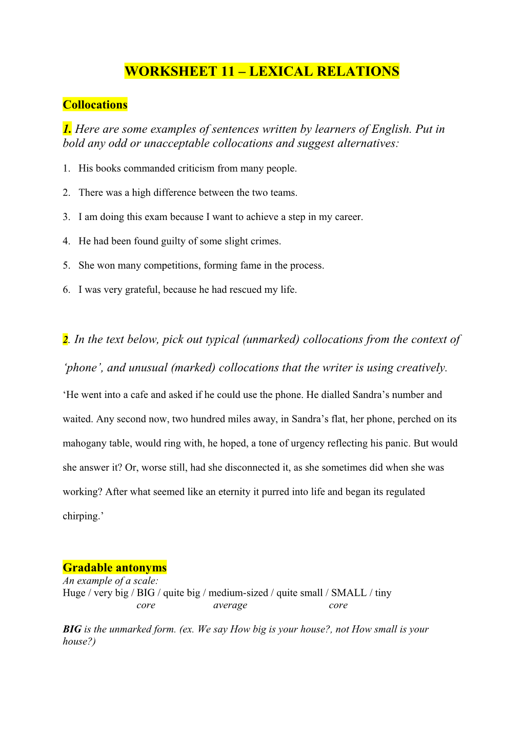 Worksheet 11 Lexical Relations