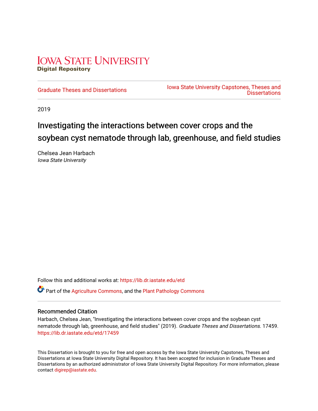 Investigating the Interactions Between Cover Crops and the Soybean Cyst Nematode Through Lab, Greenhouse, and Field Studies