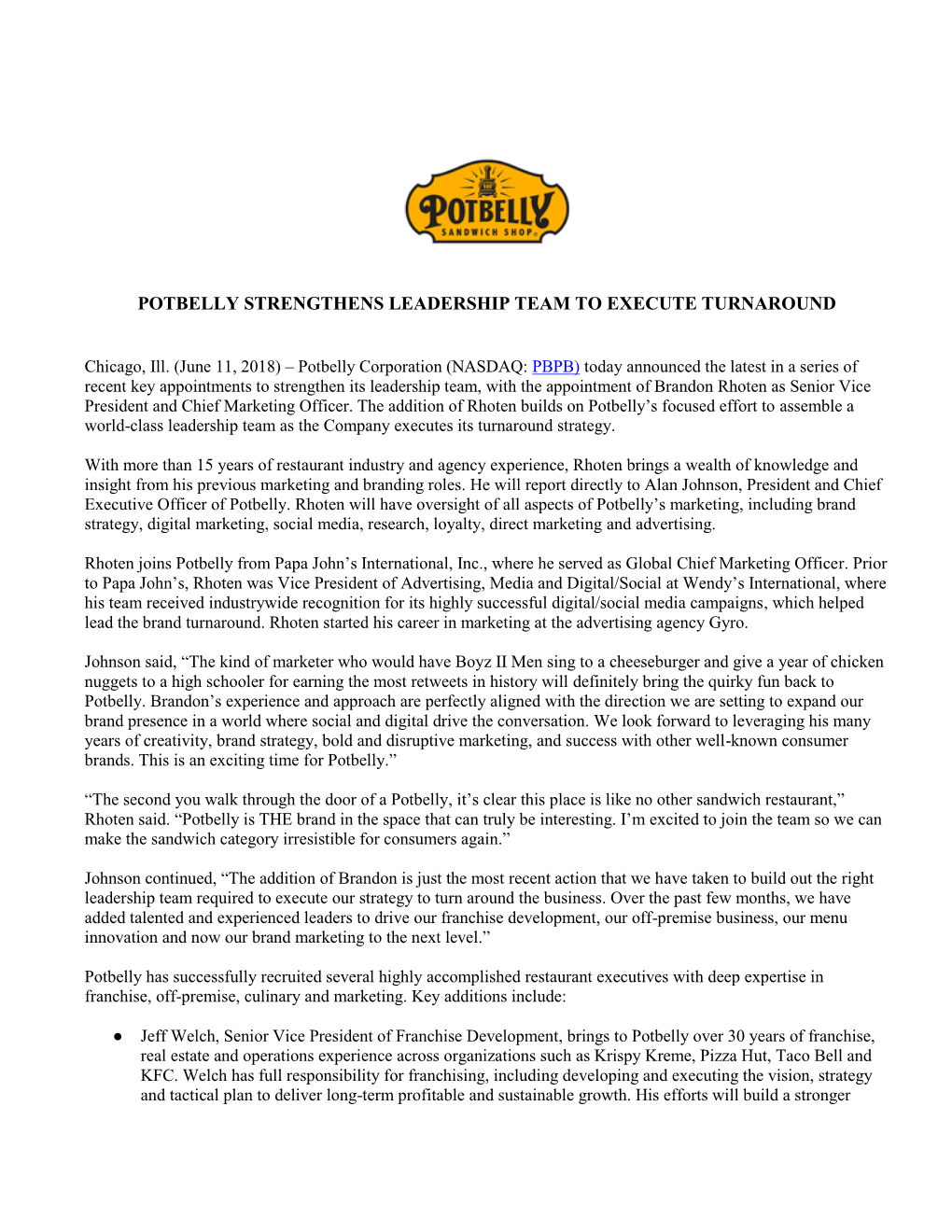 Potbelly Strengthens Leadership Team to Execute Turnaround