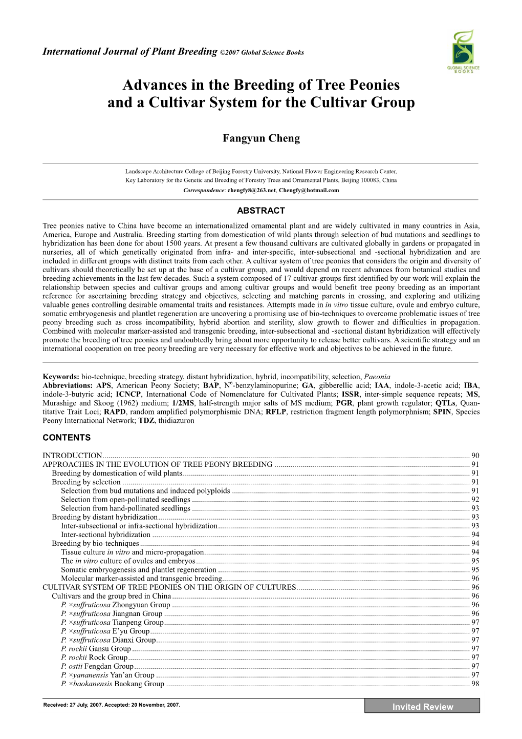 Advances in the Breeding of Tree Peonies and a Cultivar System for the Cultivar Group Fangyun Cheng