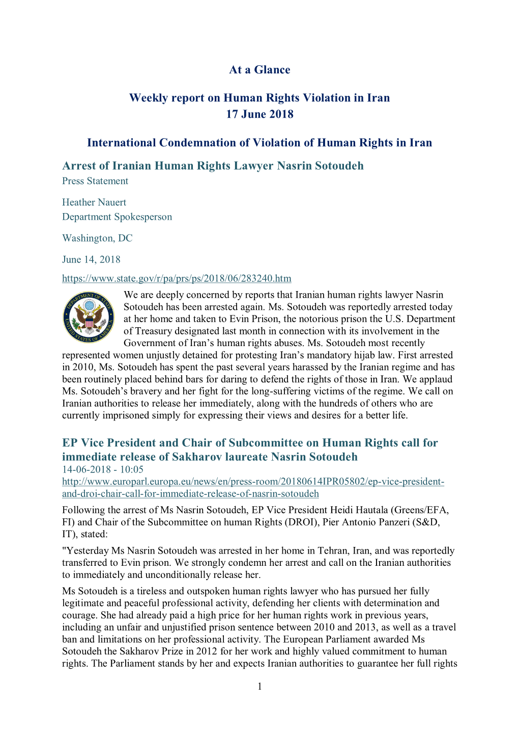 At a Glance Weekly Report on Human Rights Violation in Iran 17 June