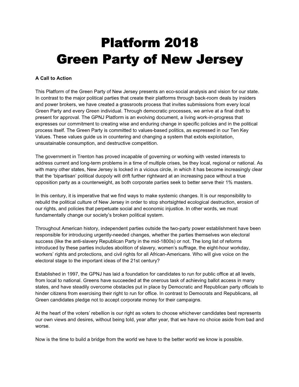 Platform 2018 Green Party of New Jersey