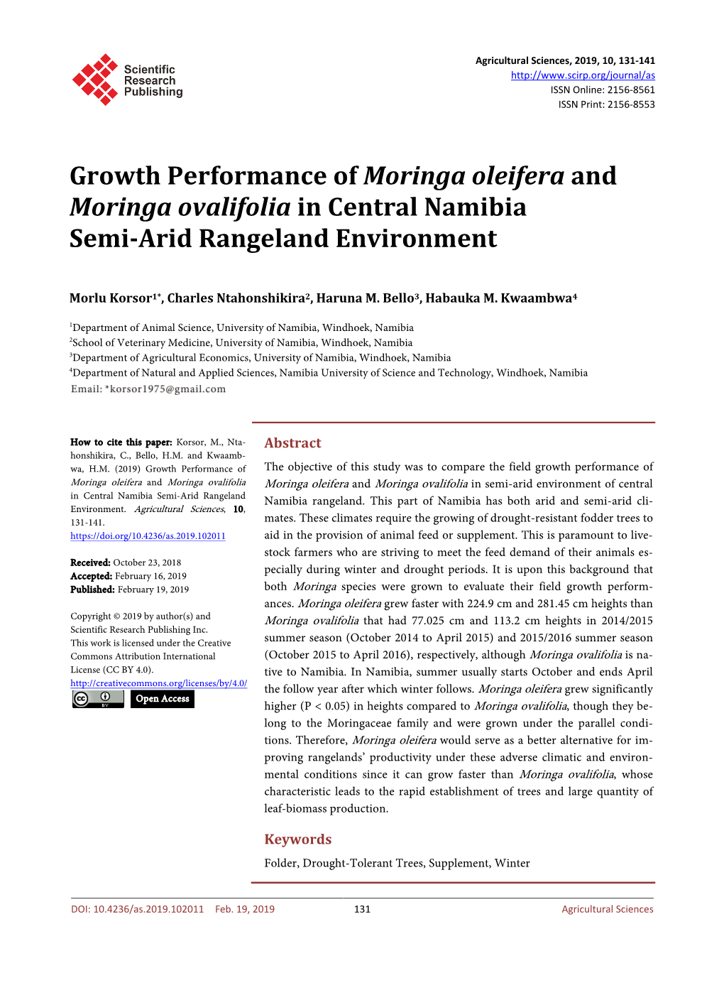 Growth Performance of Moringa Oleifera and Moringa Ovalifolia in Central Namibia Semi-Arid Rangeland Environment