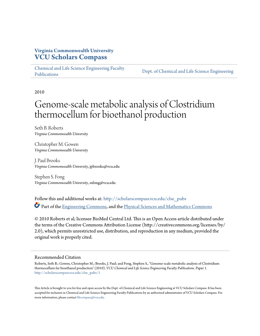 Genome-Scale Metabolic Analysis of Clostridium Thermocellum for Bioethanol Production Seth B
