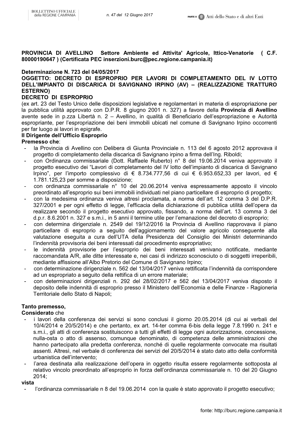 Provincia Di Avellino Determina N. 723 Del 04.05.2017