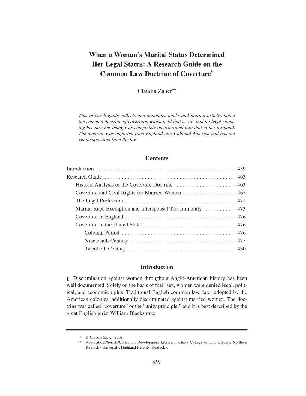 A Research Guide on the Common Law Doctrine of Coverture*