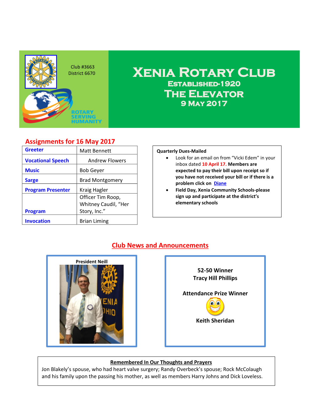 Xenia Rotary Club Established-1920 the Elevator 9 May 2017