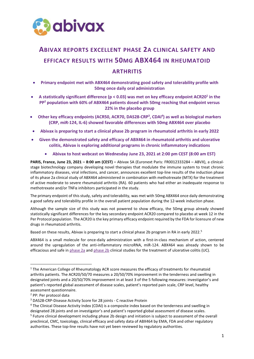 Abivax Reports Excellent Phase 2A Clinical Safety and Efficacy Results with 50Mg Abx464 in Rheumatoid Arthritis