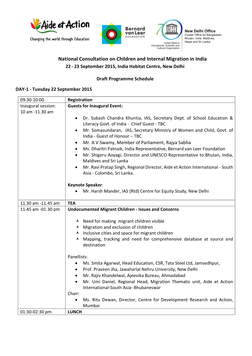 National Consultation on Children and Internal Migration in India 22 - 23 September 2015, India Habitat Centre, New Delhi