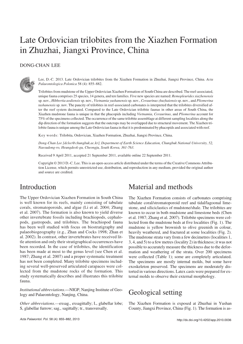 Late Ordovician Trilobites from the Xiazhen Formation in Zhuzhai, Jiangxi Province, China