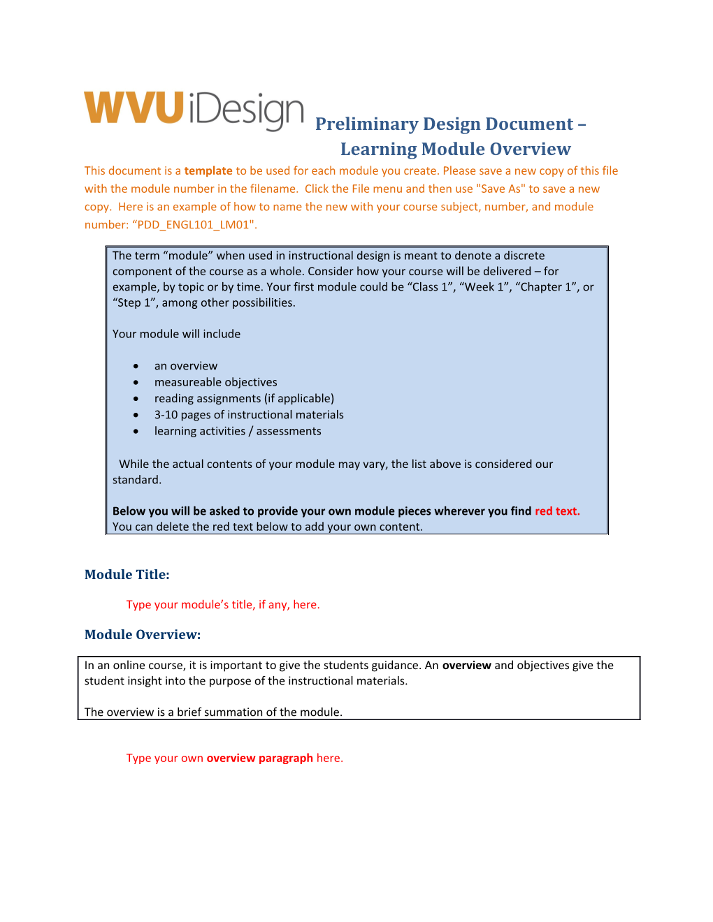 Preliminary Design Document Learning Module Overview