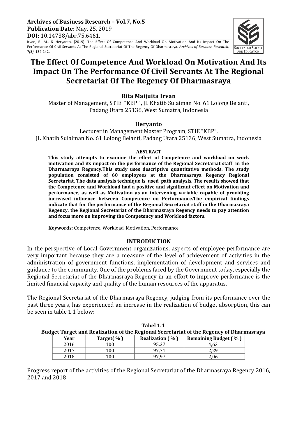 The Effect of Competence and Workload on Motivation and Its Impact on the Performance of Civil Servants at the Regional Secretariat of the Regency of Dharmasraya