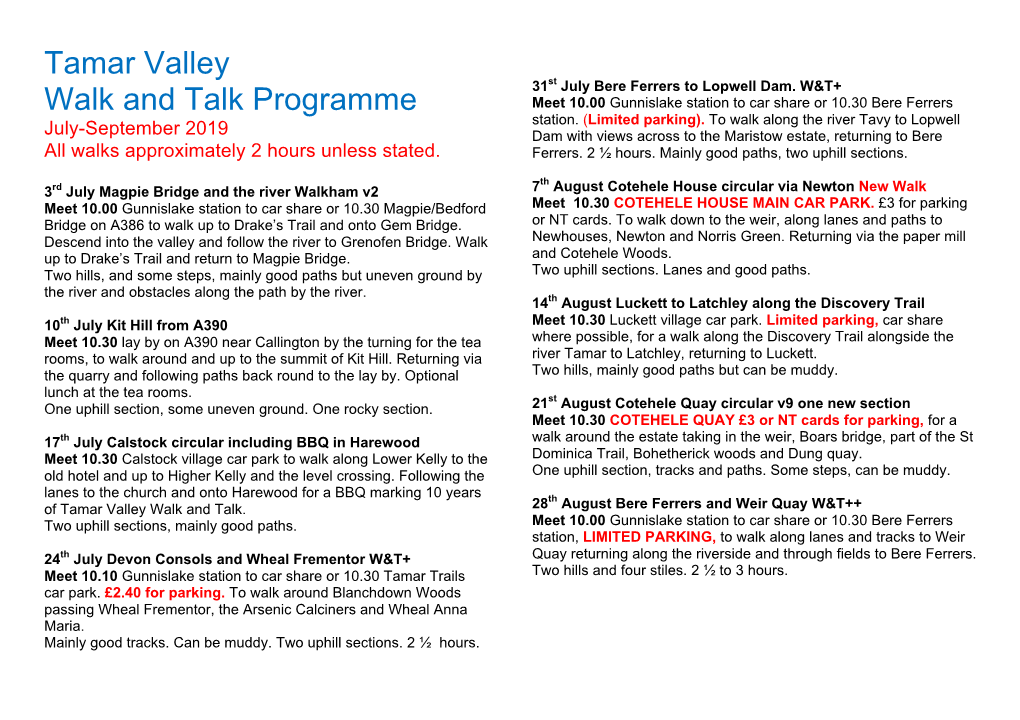 Tamar Valley Walk and Talk Programme