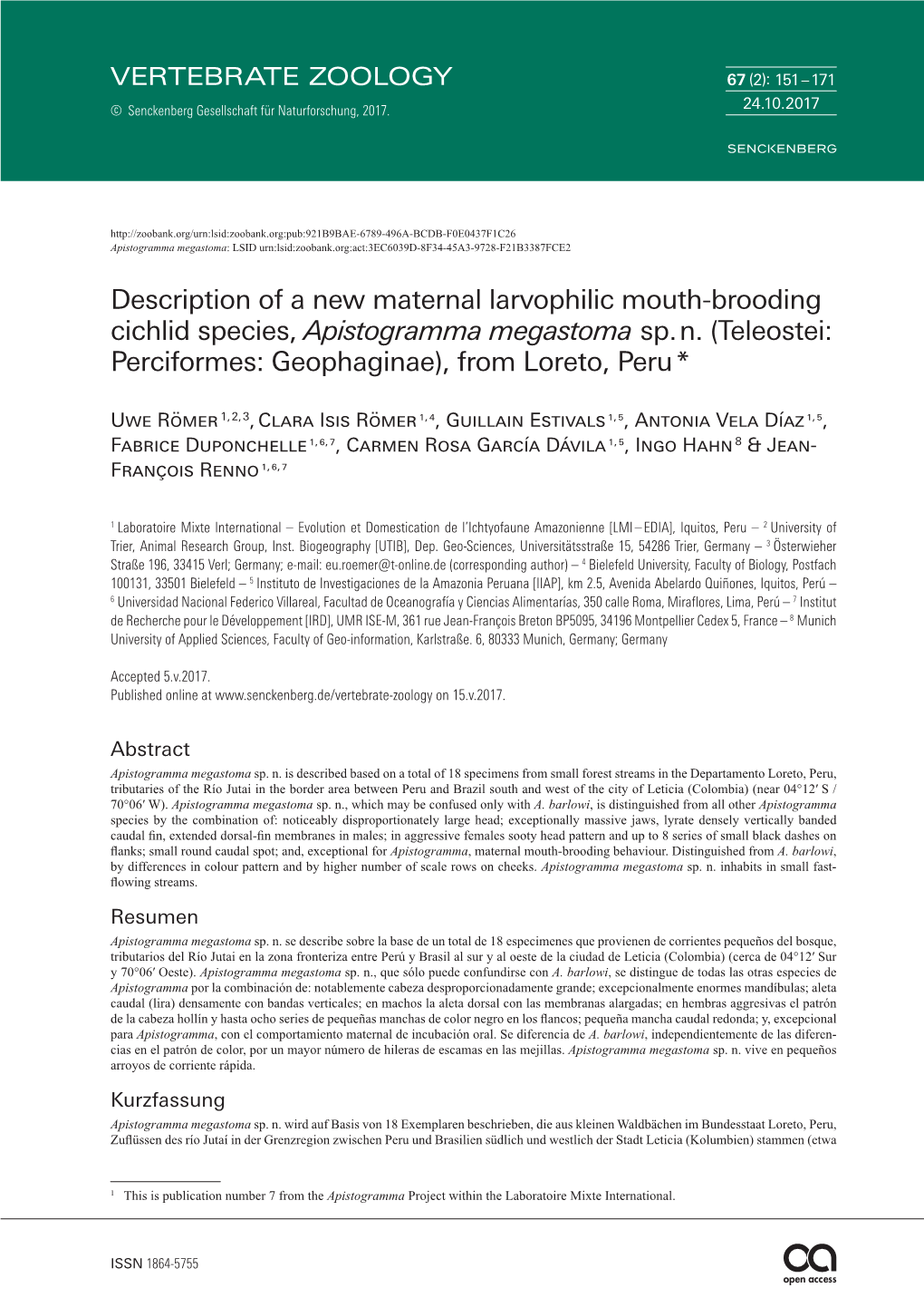 Description of a New Maternal Larvophilic Mouth-Brooding Cichlid Species, Apistogramma Megastoma Sp