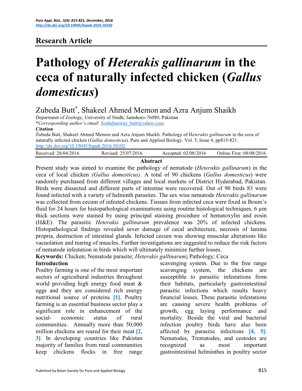 Pathology of Heterakis Gallinarum in the Ceca of Naturally Infected Chicken (Gallus Domesticus)