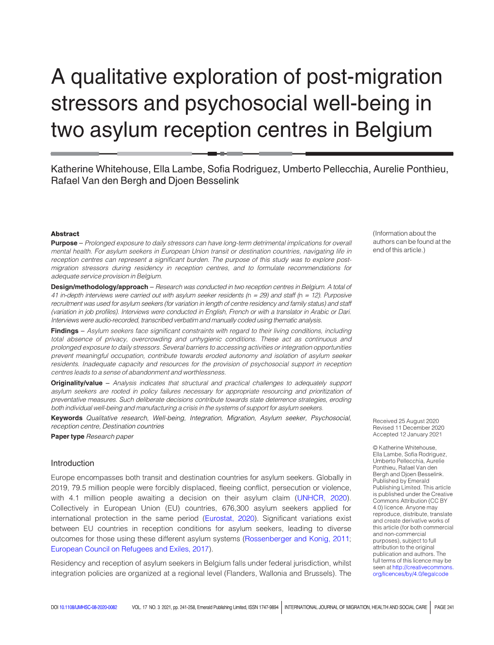 A Qualitative Exploration of Post-Migration Stressors and Psychosocial Well-Being in Two Asylum Reception Centres in Belgium