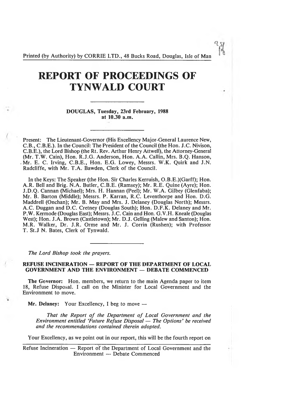 Report of Proceedings of Tynwald Court