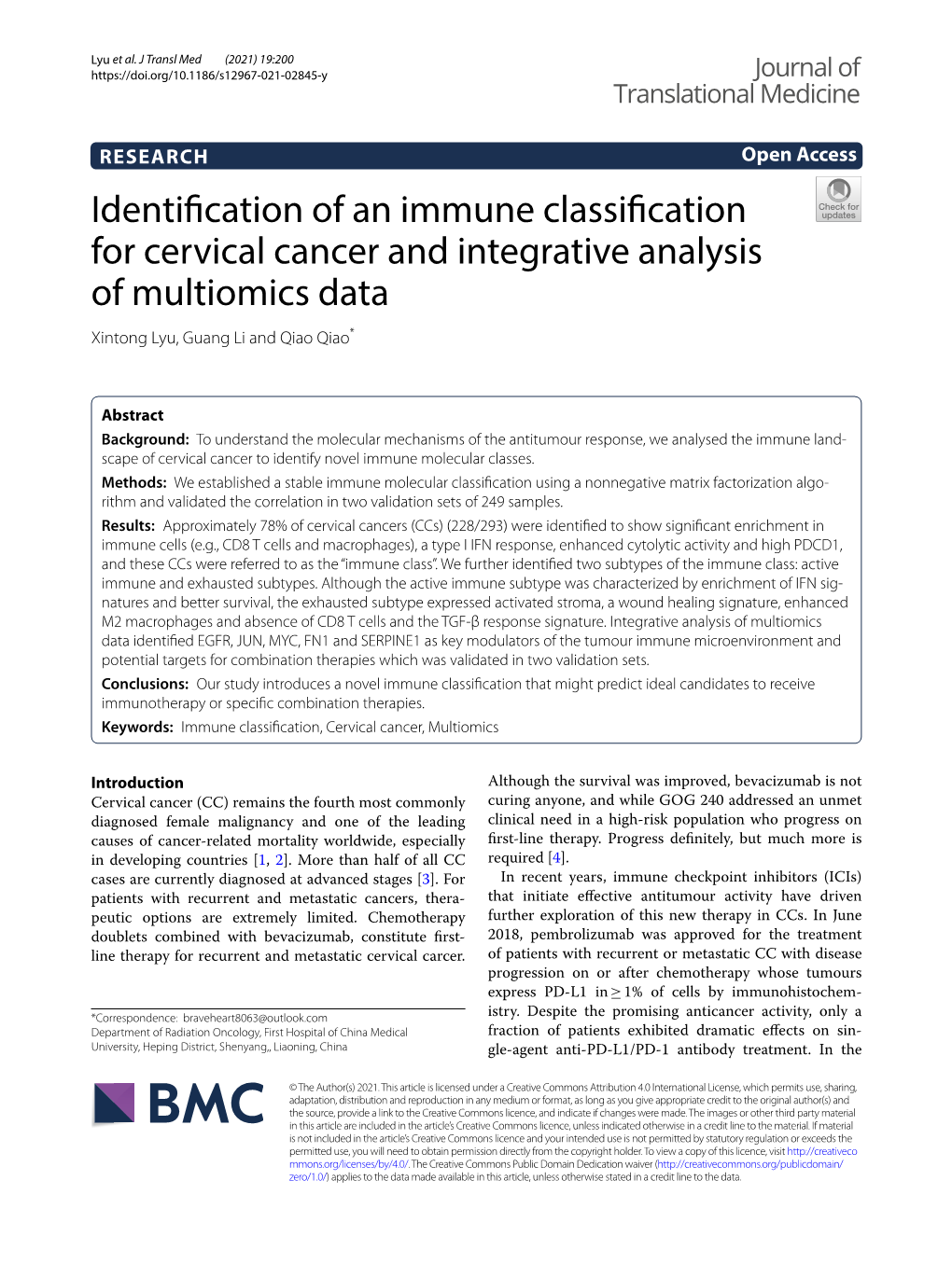 Identification of an Immune Classification for Cervical Cancer