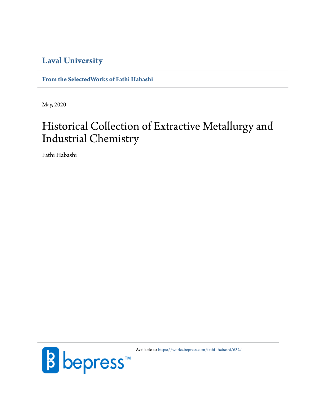 Historical Collection of Extractive Metallurgy and Industrial Chemistry Fathi Habashi