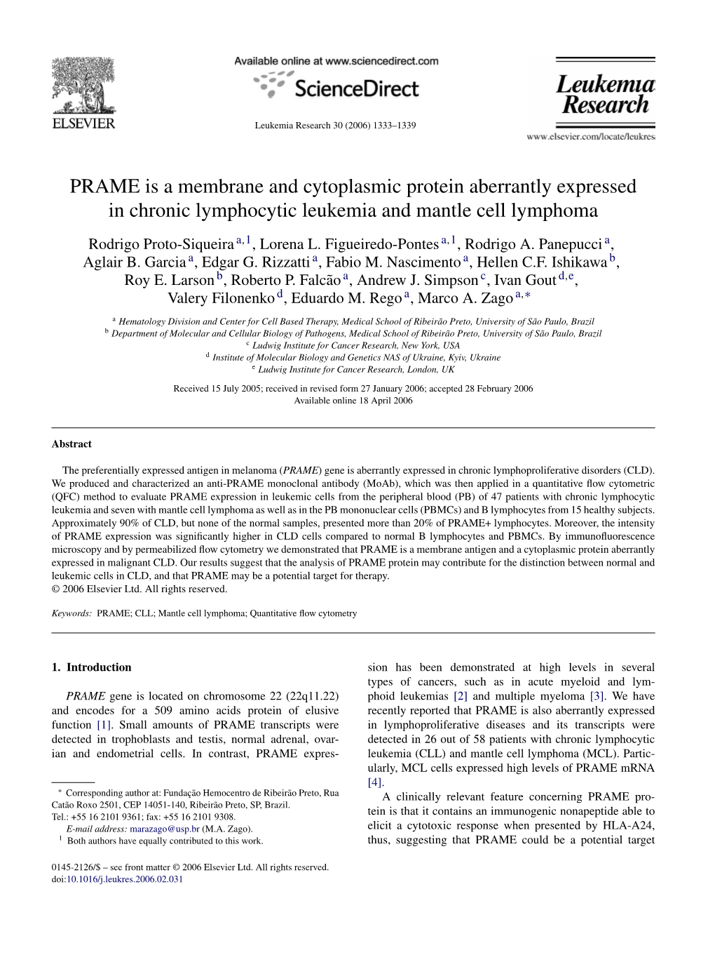 PRAME Is a Membrane and Cytoplasmic Protein Aberrantly Expressed in Chronic Lymphocytic Leukemia and Mantle Cell Lymphoma