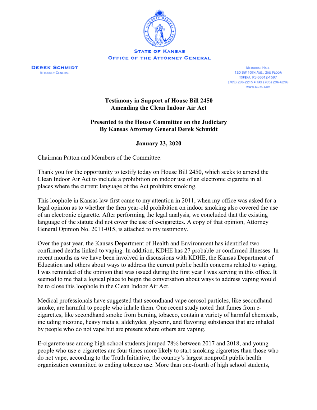 Testimony in Support of House Bill 2450 Amending the Clean Indoor Air Act