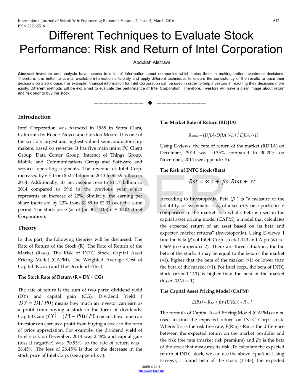 Different Techniques to Evaluate Stock Performance: Risk and Return of Intel Corporation Abdullah Alsitrawi