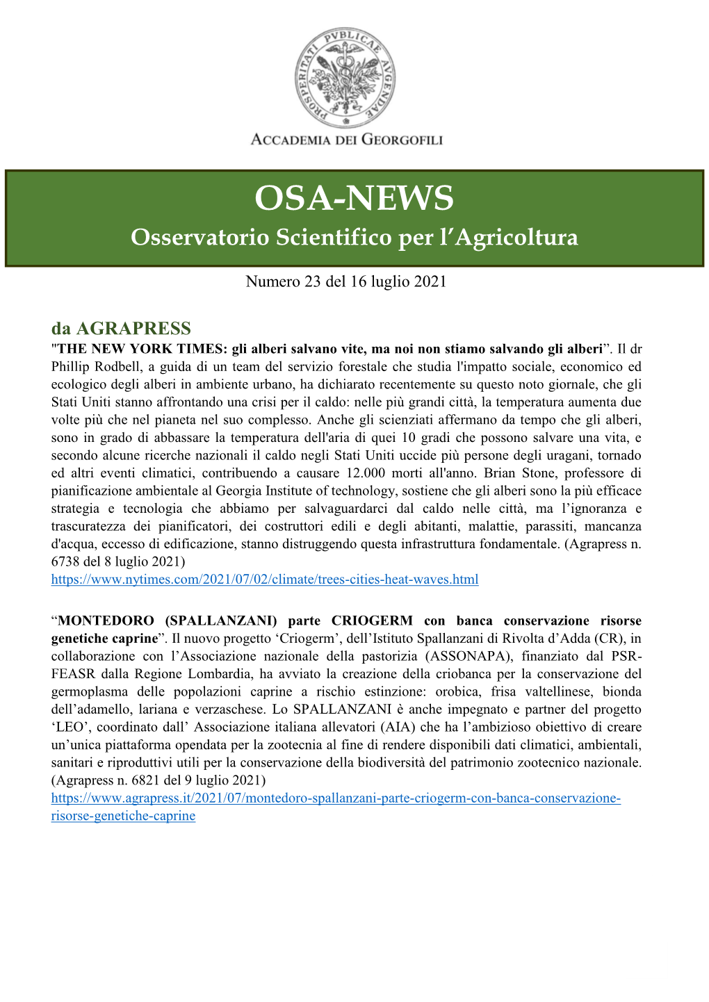 OSA-NEWS Osservatorio Scientifico Per L’Agricoltura