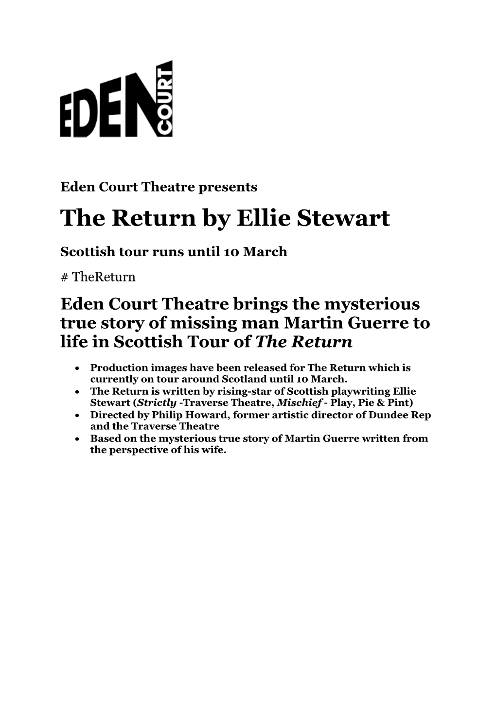 Eden Court Theatre Presents the Return by Ellie Stewart Scottish Tour