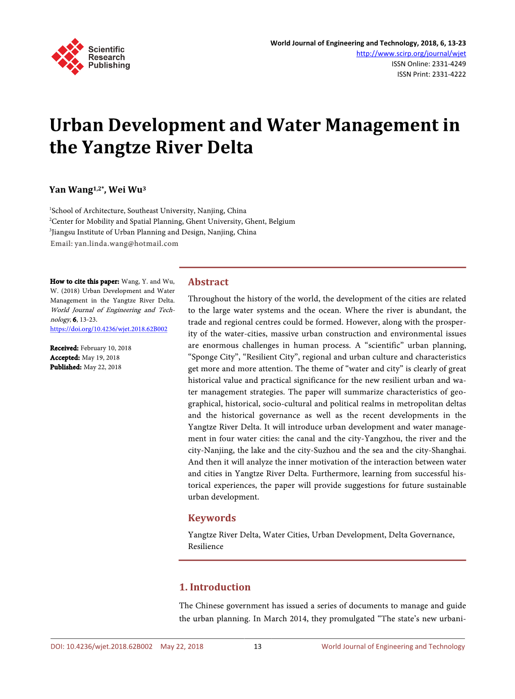 Urban Development and Water Management in the Yangtze River Delta