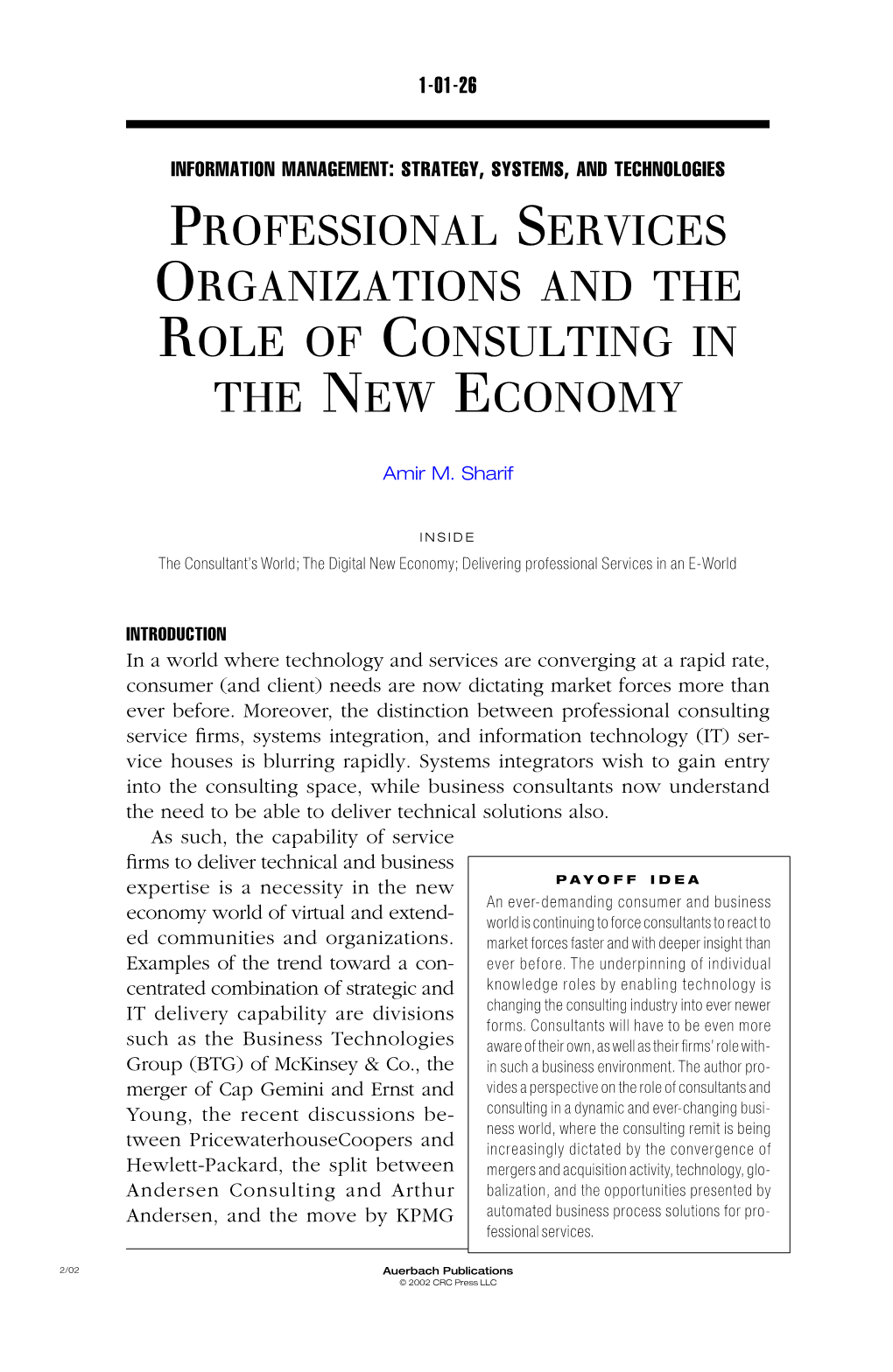 Professional Services Organizations and the Role of Consulting in the New Economy
