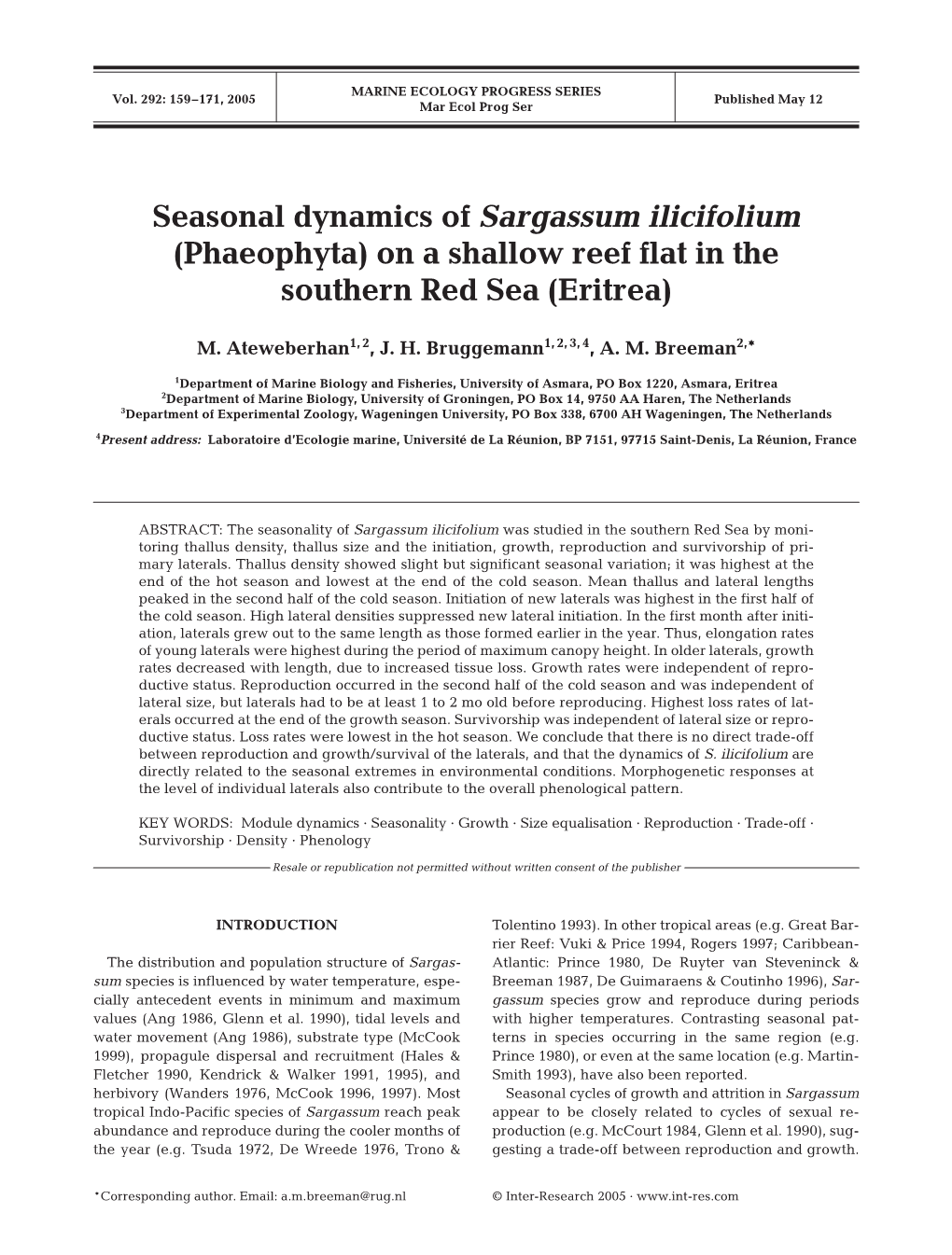 Seasonal Dynamics of Sargassum Ilicifolium (Phaeophyta) on a Shallow Reef Flat in the Southern Red Sea (Eritrea)