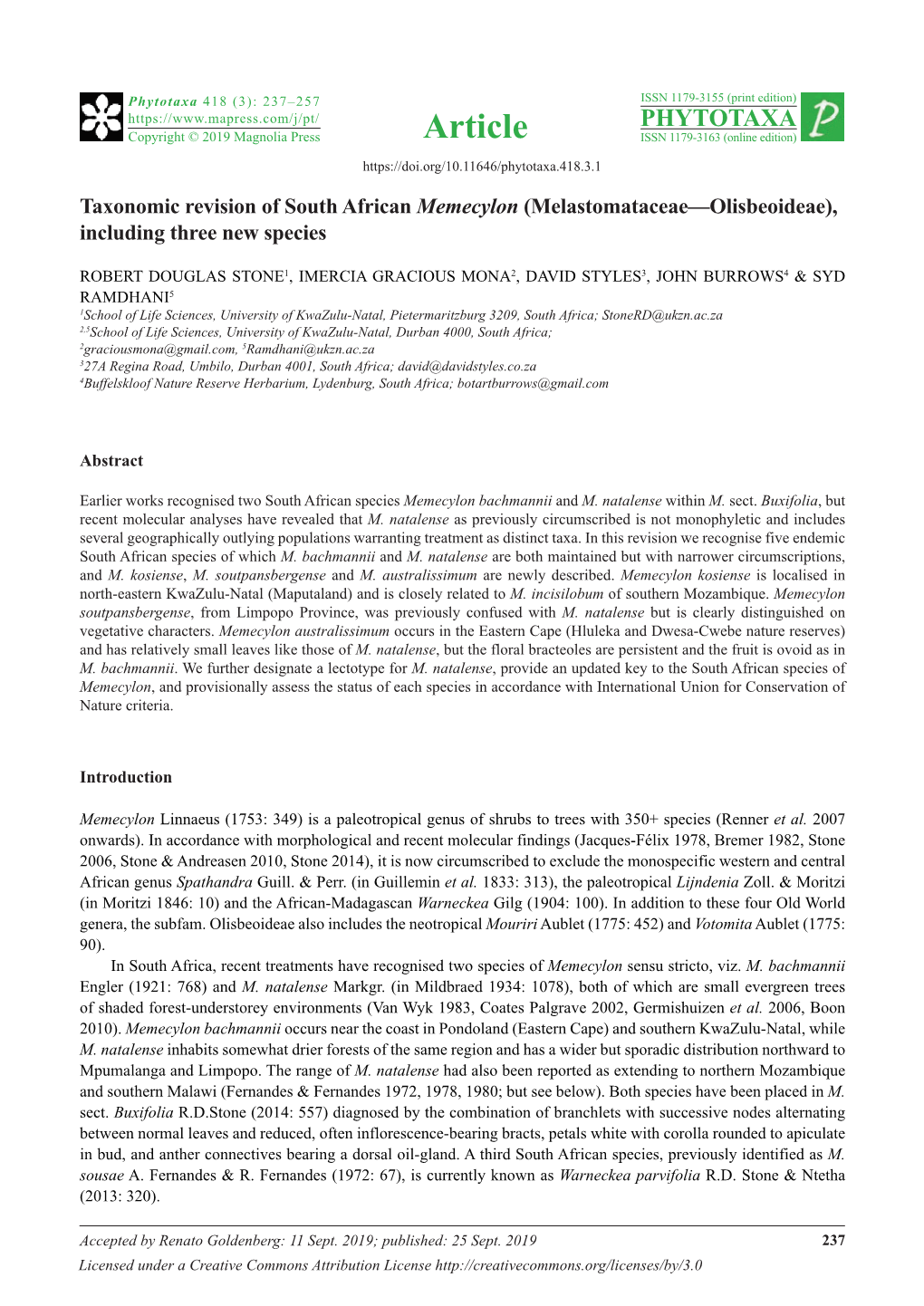 Taxonomic Revision of South African Memecylon (Melastomataceae—Olisbeoideae), Including Three New Species