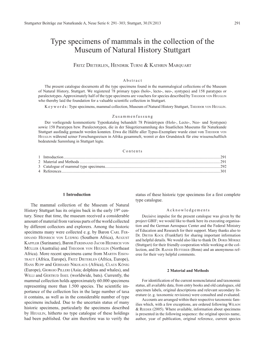 Type Specimens of Mammals in the Collection of the Museum of Natural History Stuttgart