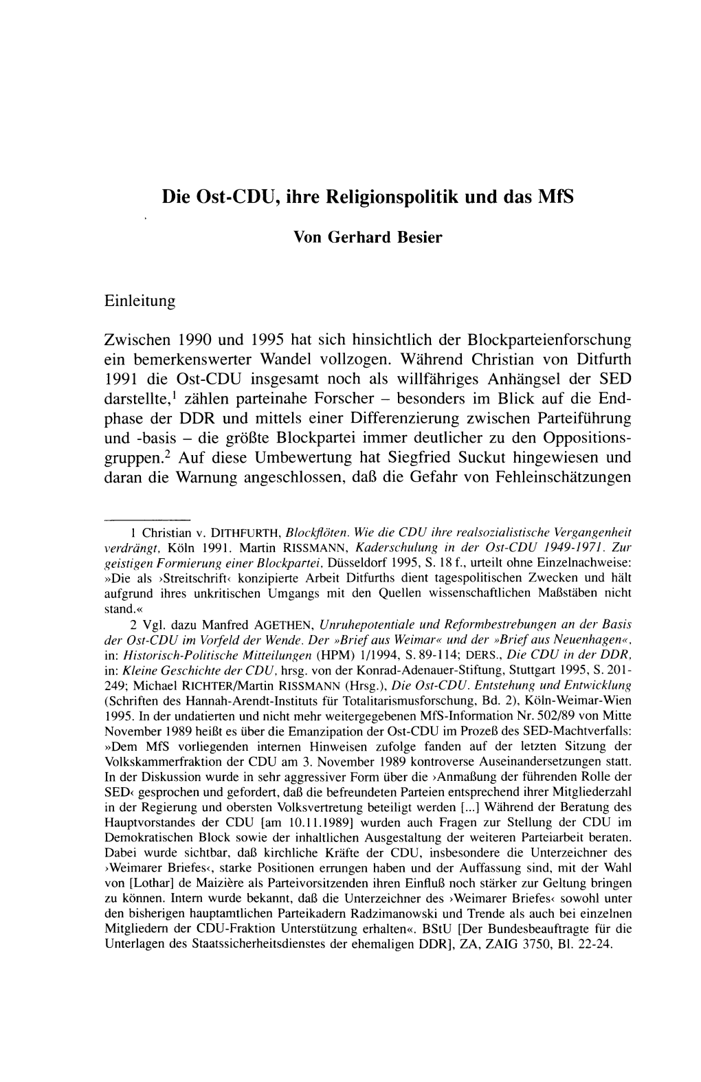 Die Ost-CDU, Ihre Religionspolitik Und Das Mfs