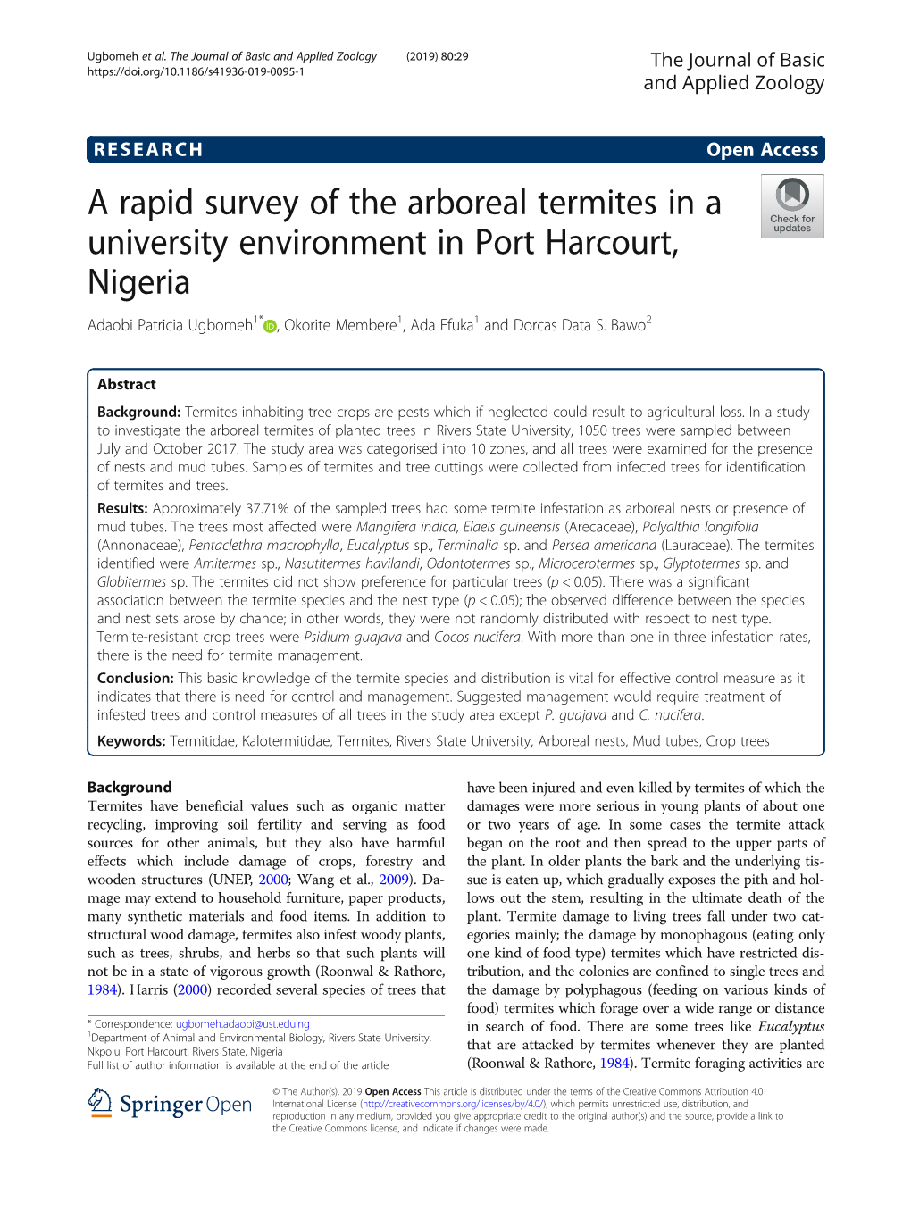 A Rapid Survey of the Arboreal Termites in a University Environment in Port