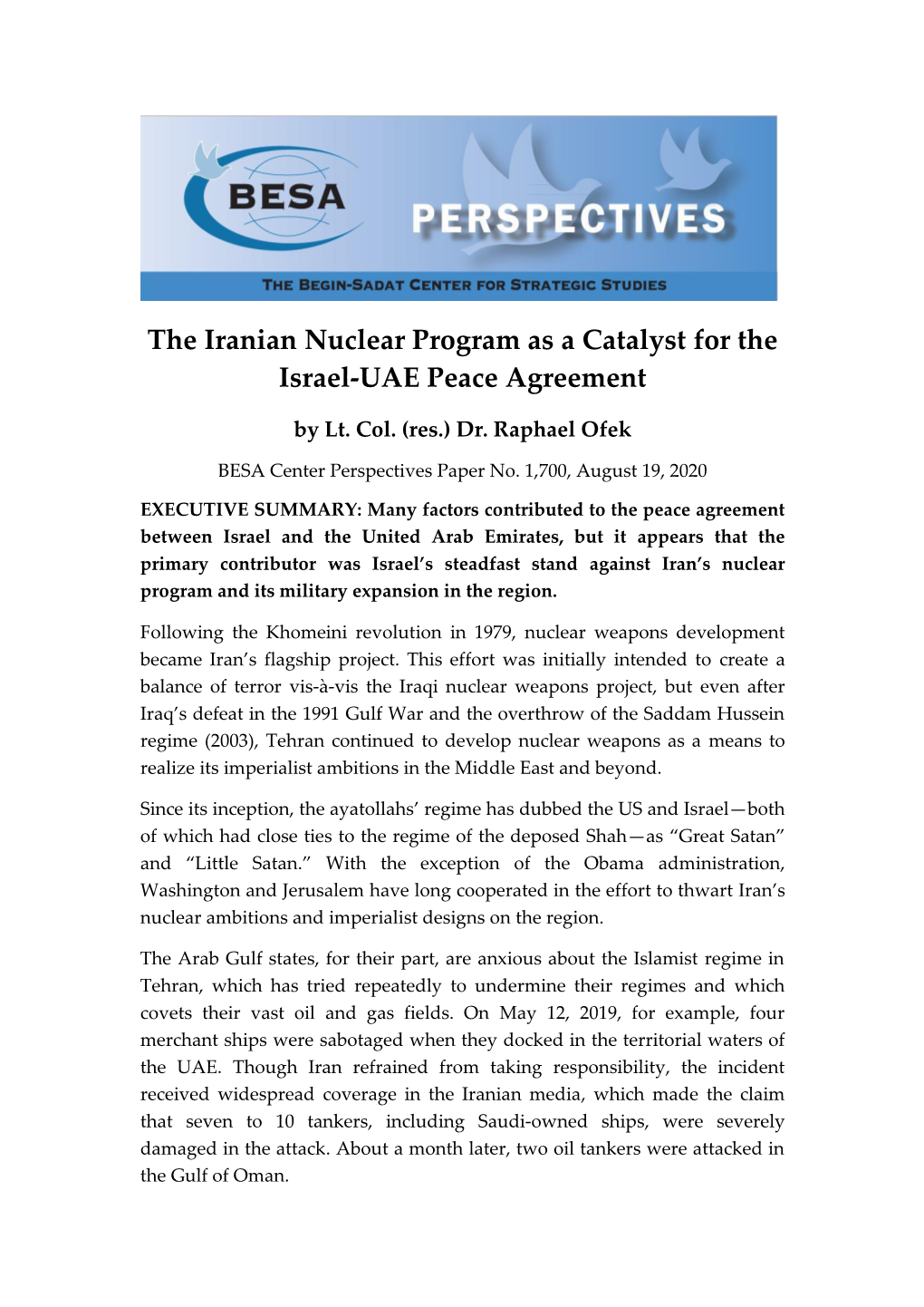 The Iranian Nuclear Program As a Catalyst for the Israel-UAE Peace Agreement