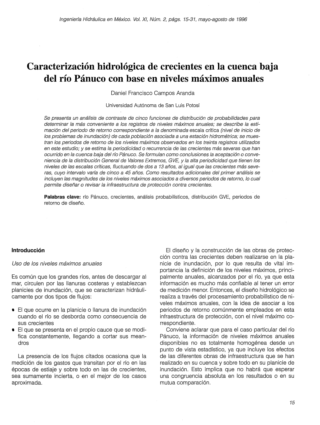 Caracterización Hidrológica De Crecientes En La Cuenca Baja Del Río Pánuco Con Base En Niveles Máximos Anuales