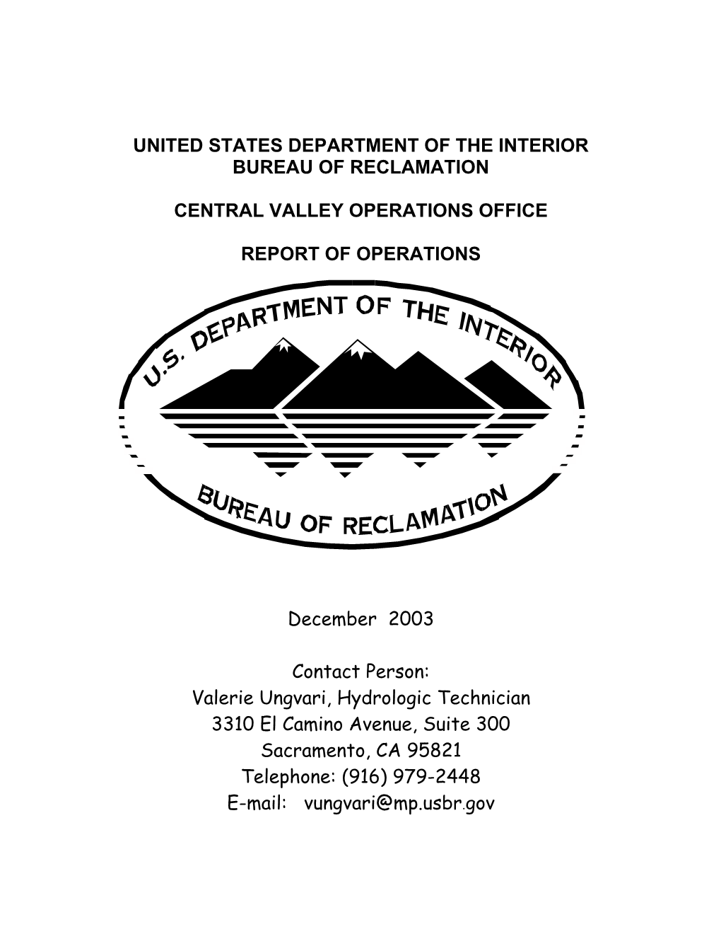 United States Department of the Interior Bureau of Reclamation