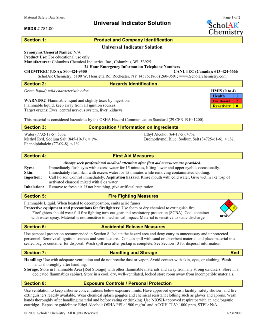 Universal Indicator Solution MSDS # 781.00