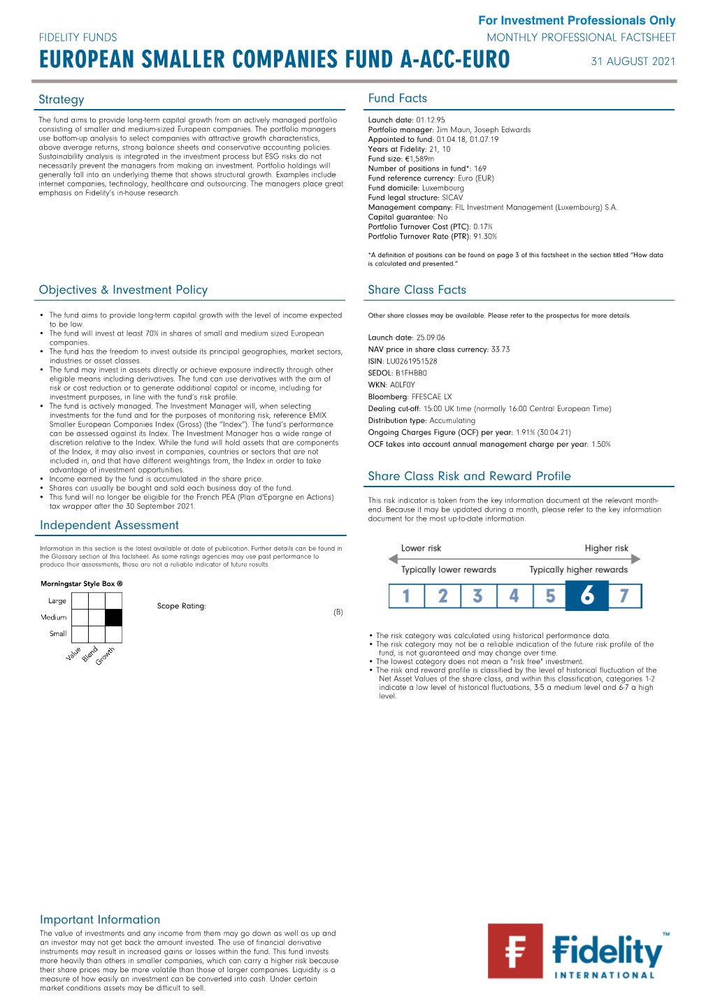 Monthly Professional Factsheet European Smaller Companies Fund A-Acc-Euro 31 August 2021